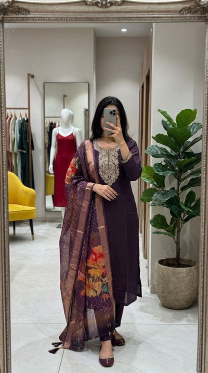 Purple Embroidered Kurta Pant Dupatta Set