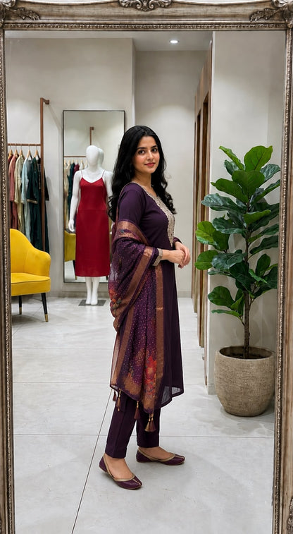 Purple Embroidered Kurta Pant Dupatta Set