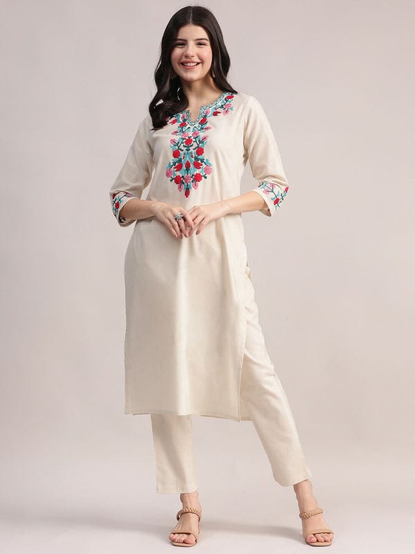 Cream Embroidered Cotton Kurta Pant Set