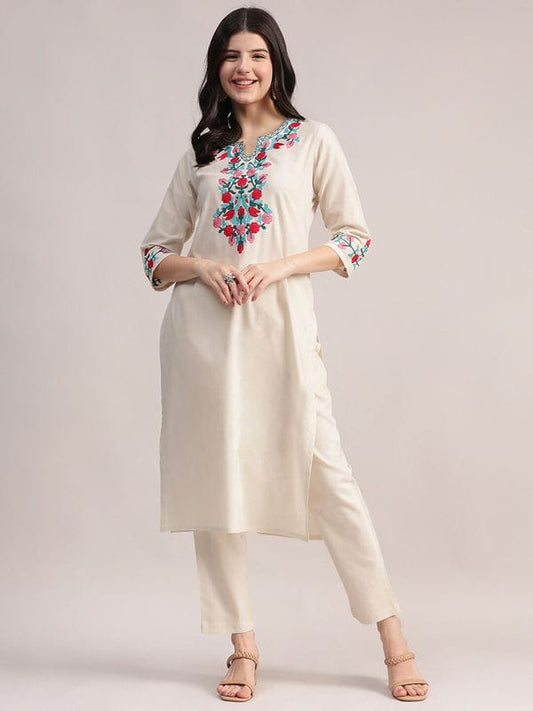 Cream Embroidered Cotton Kurta Pant Set