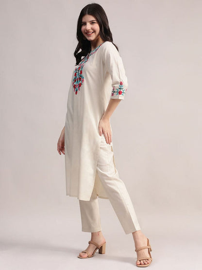 Cream Embroidered Cotton Kurta Pant Set