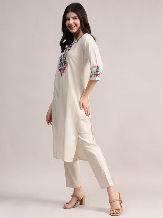 Cream Embroidered Cotton Kurta Pant Set