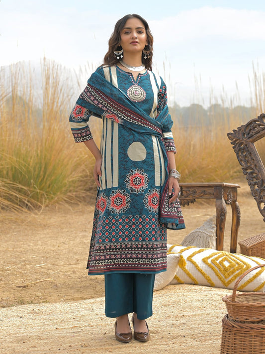 Teal Printed Kurta Pant Dupatta Set