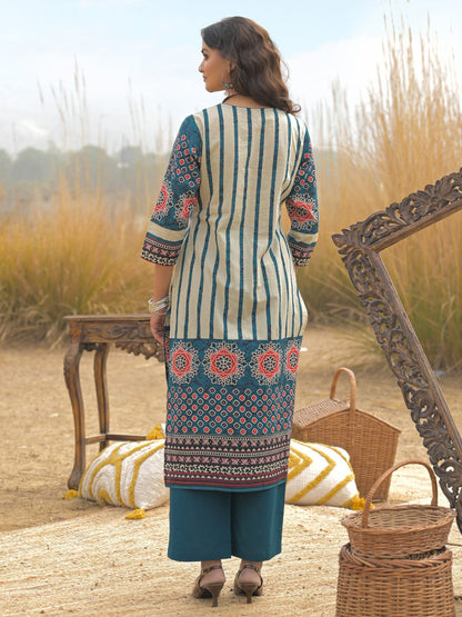 Teal Printed Kurta Pant Dupatta Set