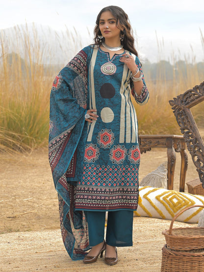 Teal Printed Kurta Pant Dupatta Set