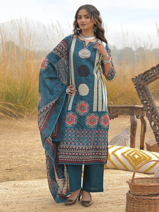 Teal Printed Kurta Pant Dupatta Set
