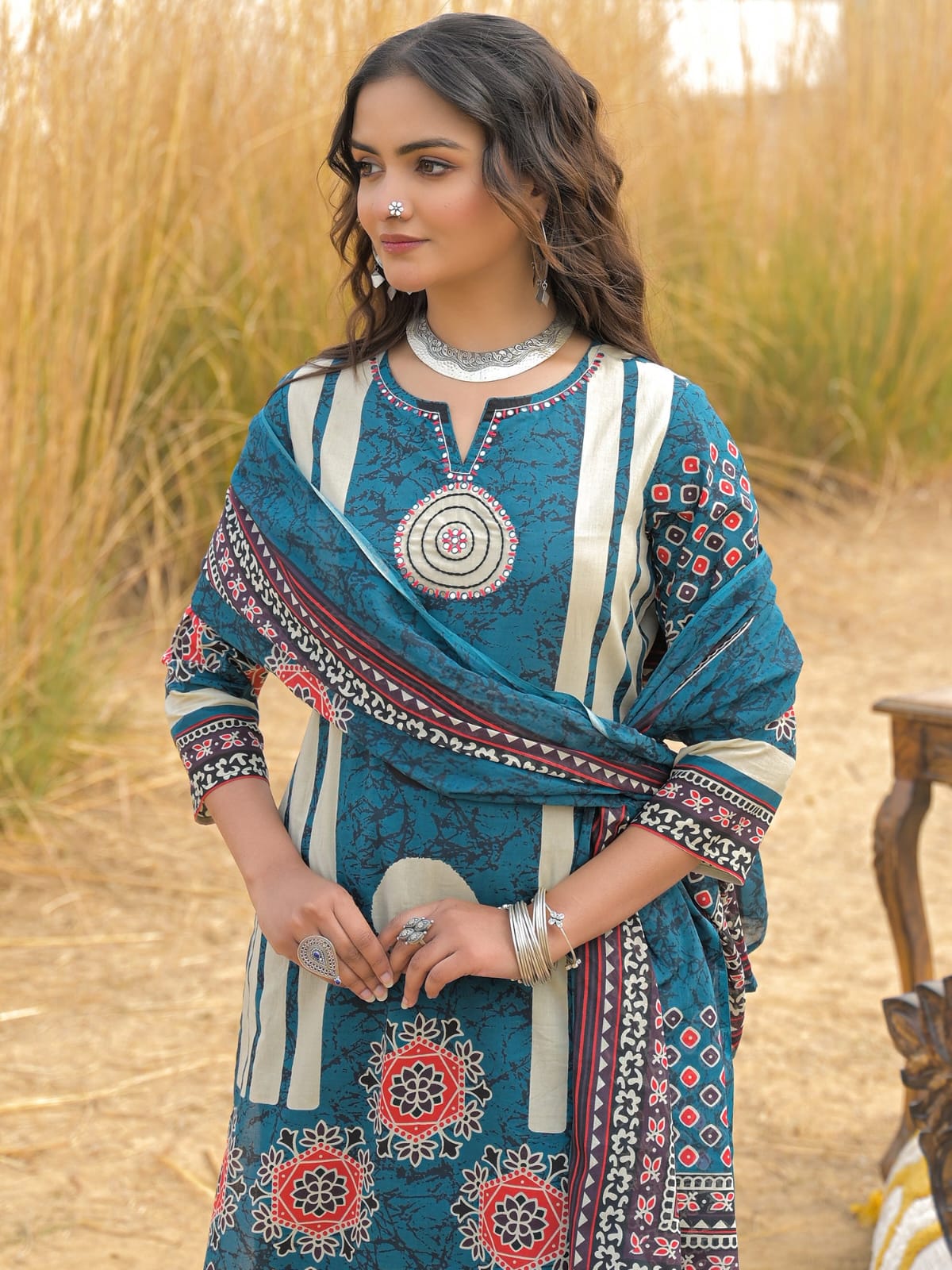 Teal Printed Kurta Pant Dupatta Set