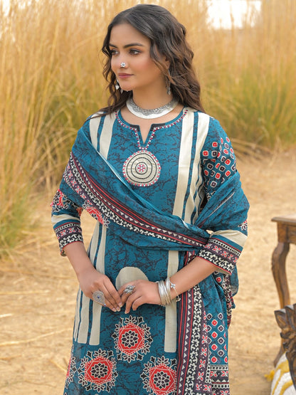 Teal Printed Kurta Pant Dupatta Set