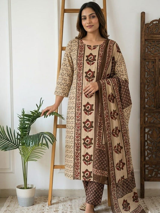 Beige Printed Kurta Pant Dupatta Set