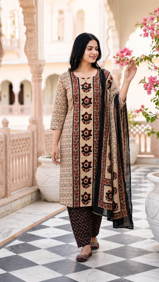 Beige Printed Kurta Pant Dupatta Set