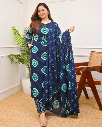 Navy Blue Printed Kurta Pant Dupatta Set