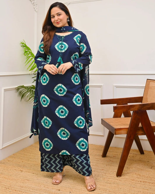 Navy Blue Printed Kurta Pant Dupatta Set