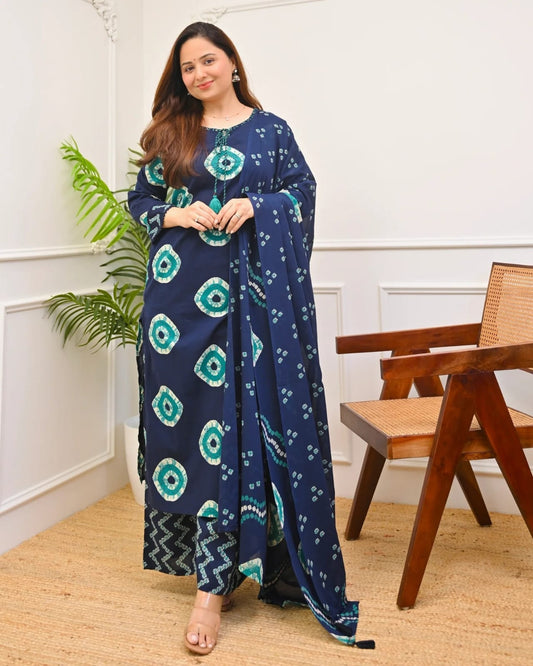 Navy Blue Printed Kurta Pant Dupatta Set