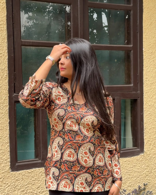 Brown Paisley Printed Short Cotton Kurti
