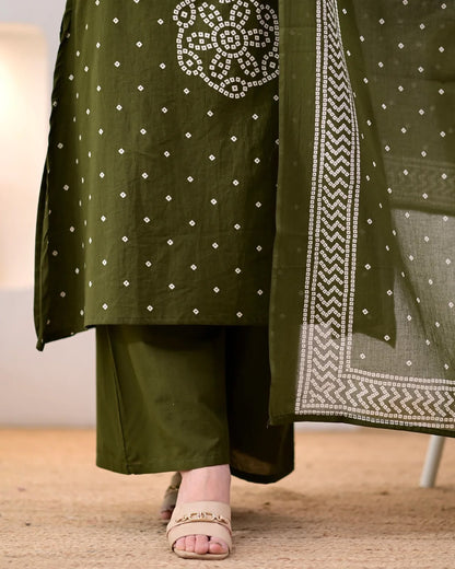 Olive Green Ethnic Kurta Pant Dupatta Set for Women