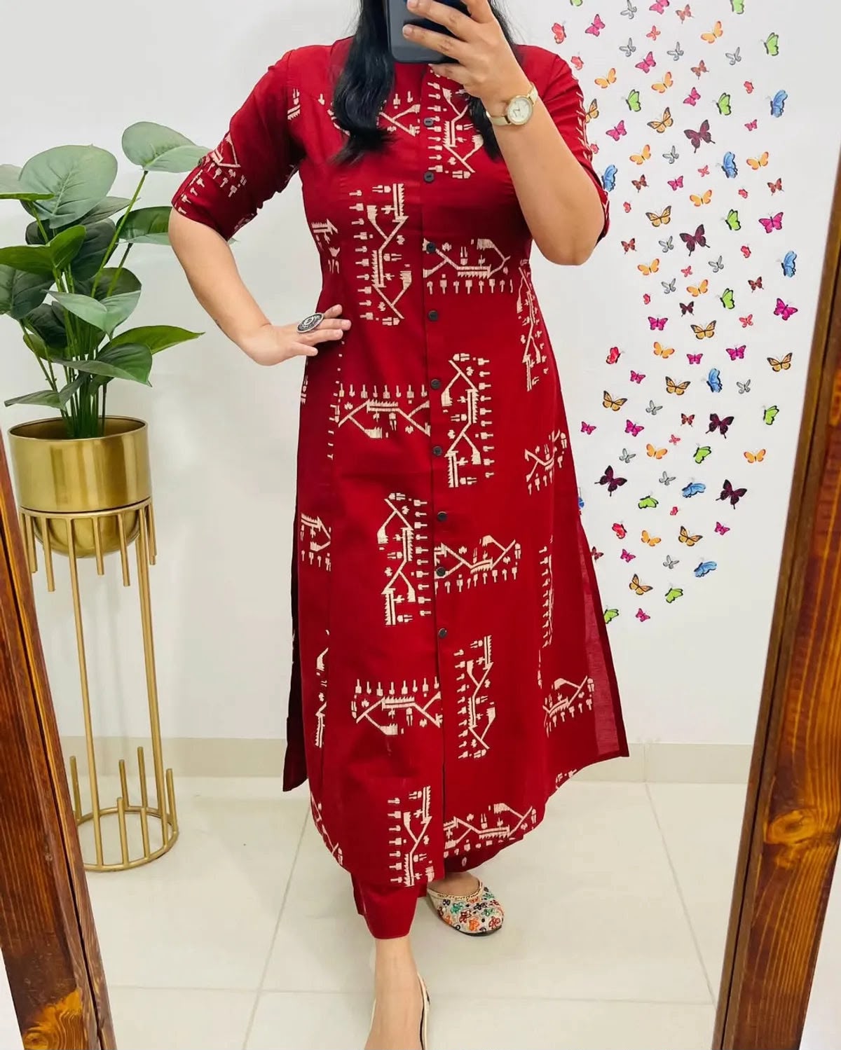 Deep Red Printed Cotton Kurta Pant Set for Women