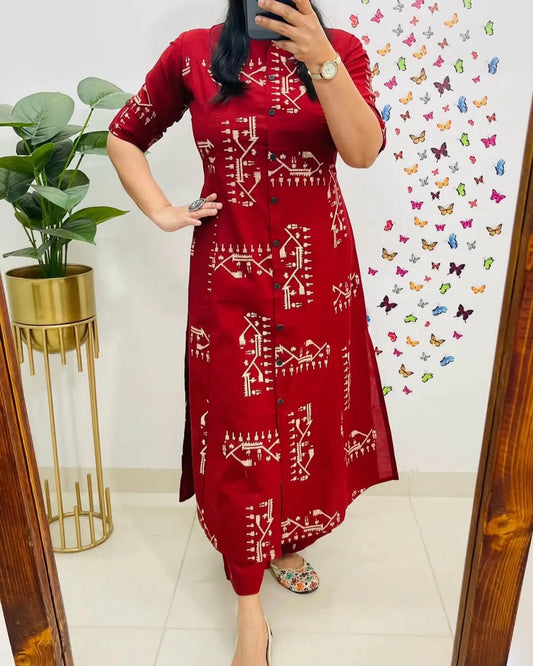 Deep Red Printed Cotton Kurta Pant Set for Women