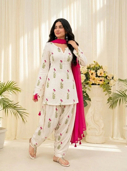 Floral Printed Kurta Patiala Set with Pink Dupatta for Women