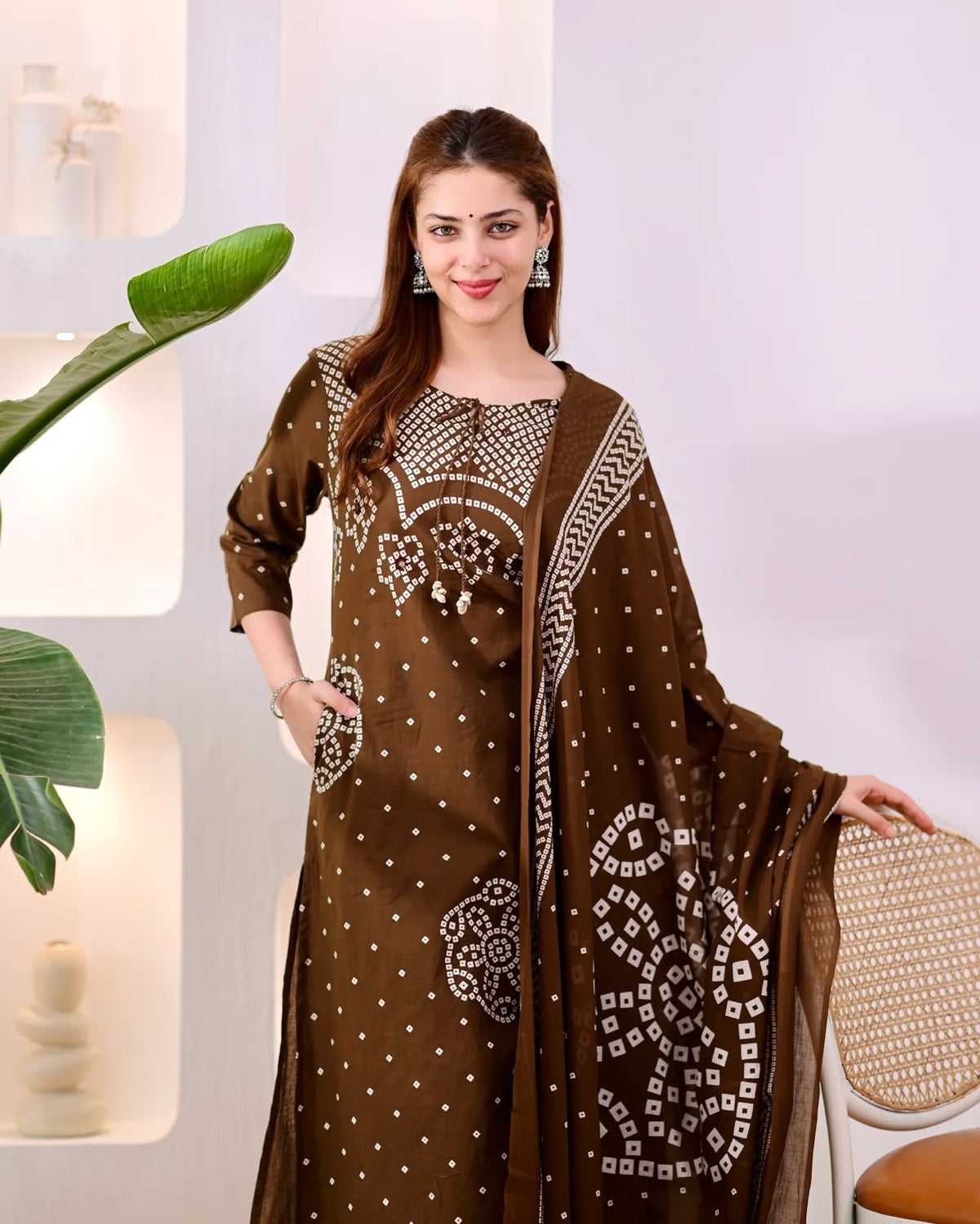 Chocolate Brown Bandhani Print Kurta Pant Set