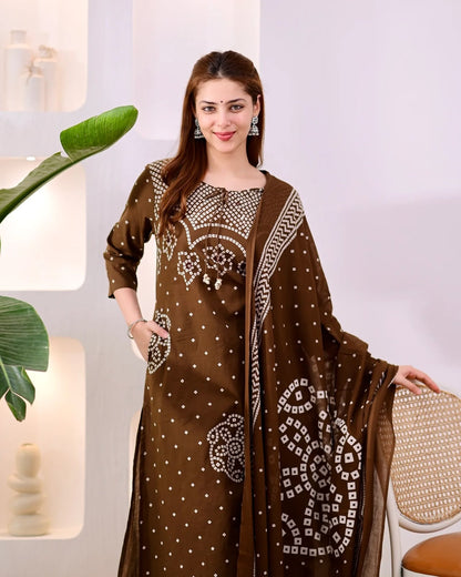 Chocolate Brown Bandhani Print Kurta Pant Set