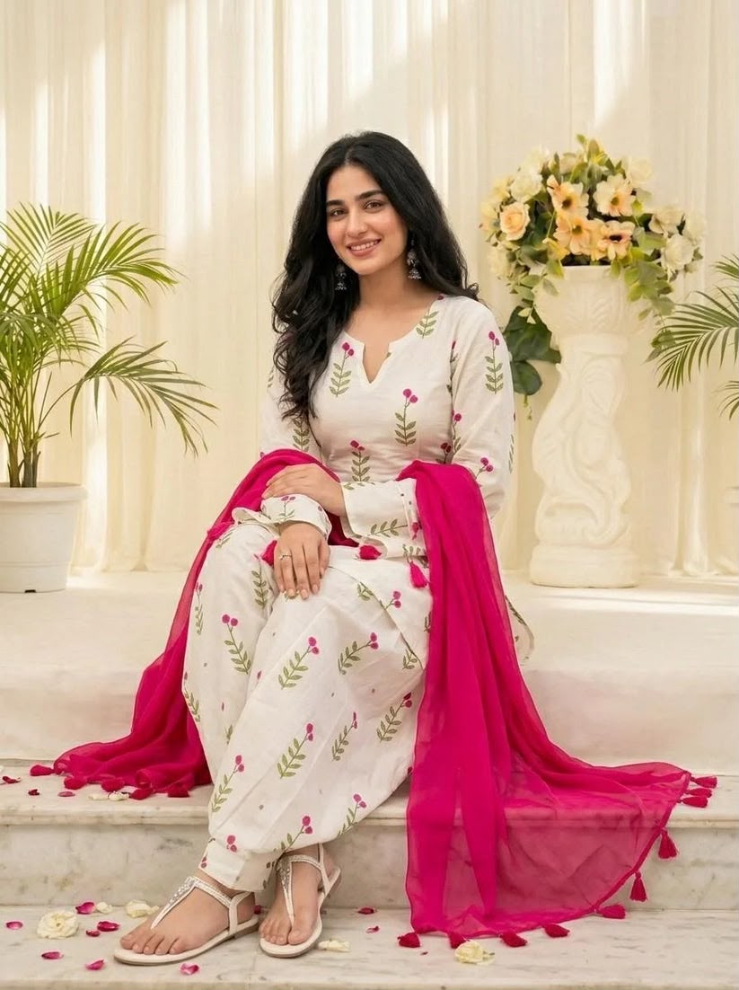 Floral Printed Kurta Patiala Set with Pink Dupatta for Women