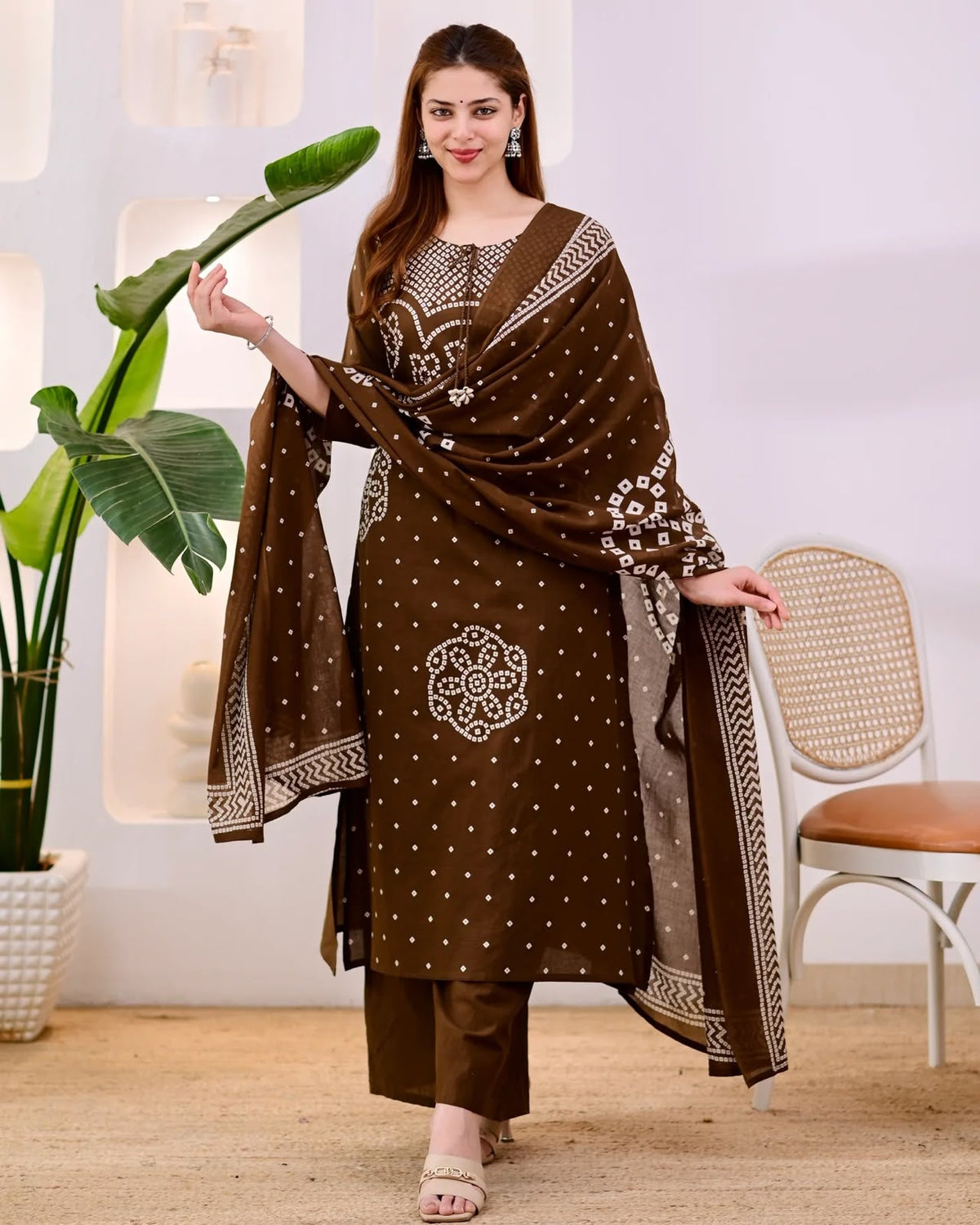 Chocolate Brown Bandhani Print Kurta Pant Set