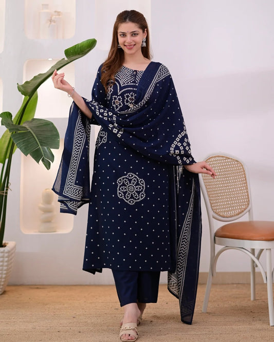 Navy Blue Bandhani Print Kurta Pant Set