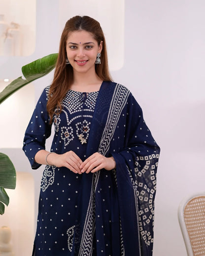 Navy Blue Bandhani Print Kurta Pant Set