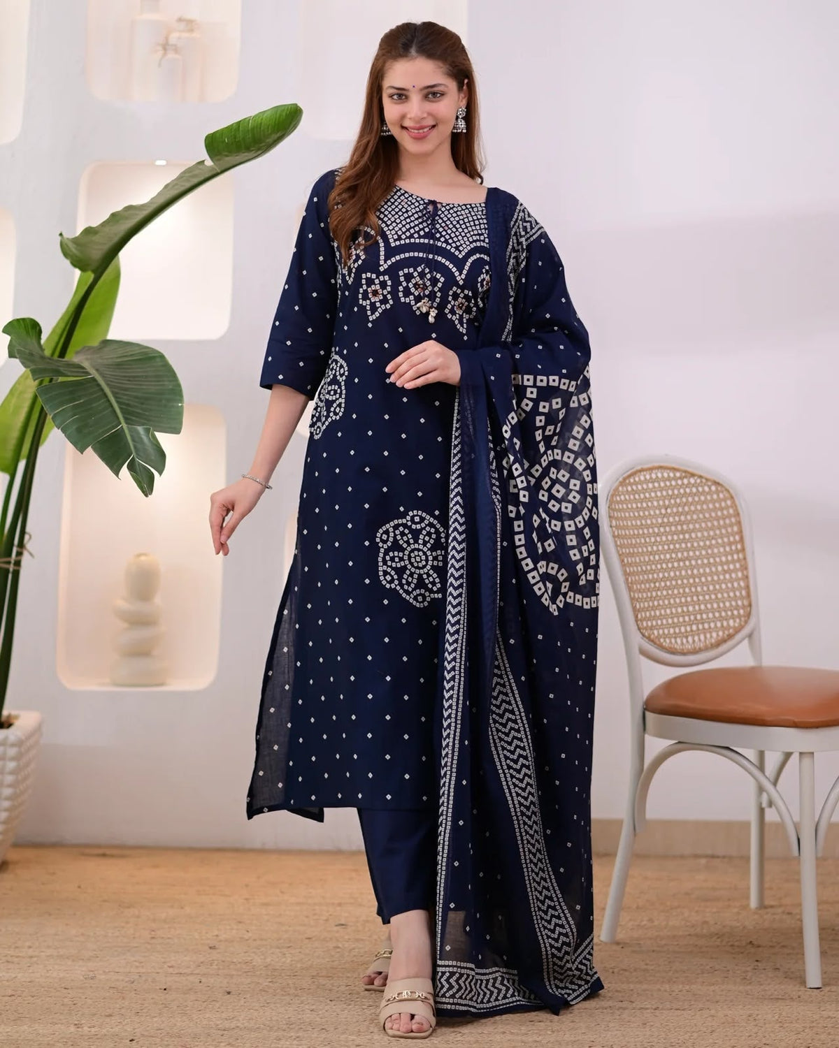 Navy Blue Bandhani Print Kurta Pant Set