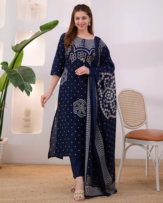 Navy Blue Bandhani Print Kurta Pant Set