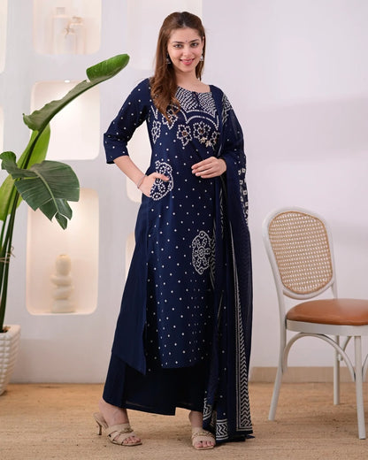 Navy Blue Bandhani Print Kurta Pant Set