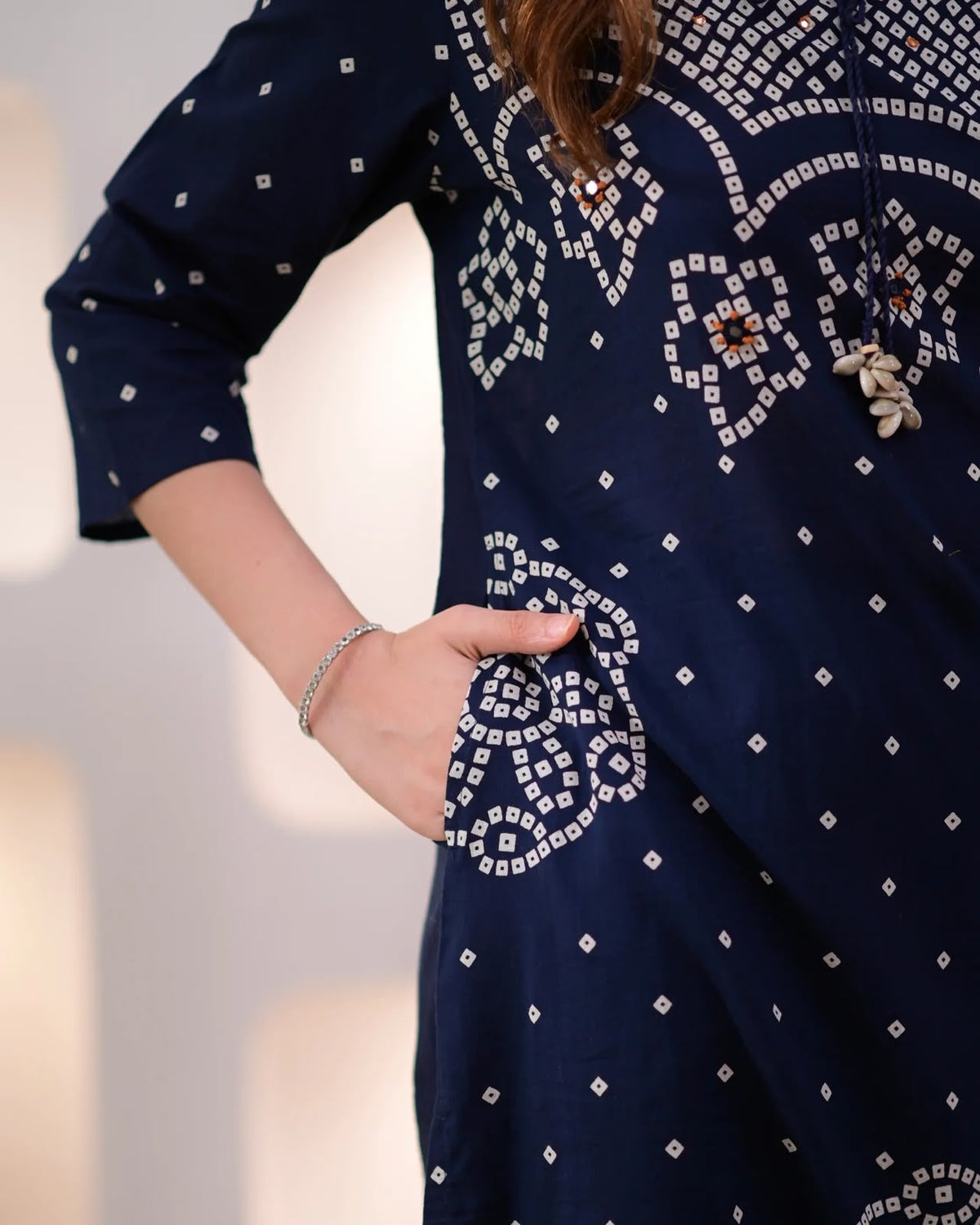 Navy Blue Bandhani Print Kurta Pant Set