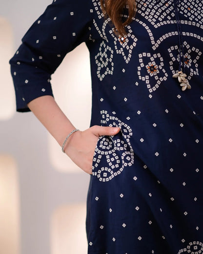 Navy Blue Bandhani Print Kurta Pant Set