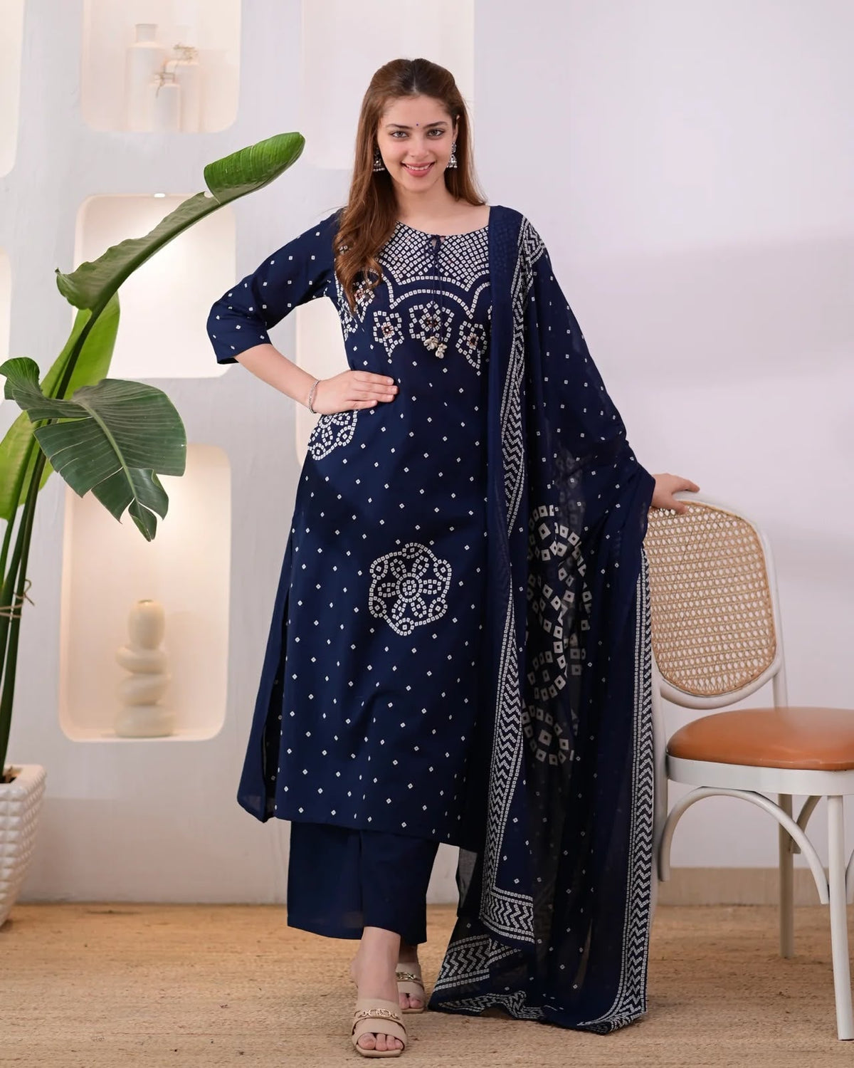 Navy Blue Bandhani Print Kurta Pant Set