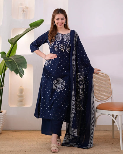 Navy Blue Bandhani Print Kurta Pant Set