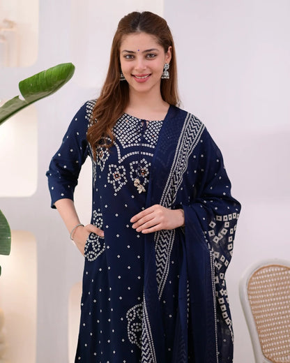 Navy Blue Bandhani Print Kurta Pant Set