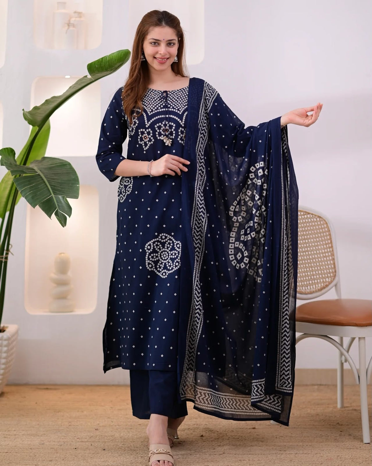 Navy Blue Bandhani Print Kurta Pant Set
