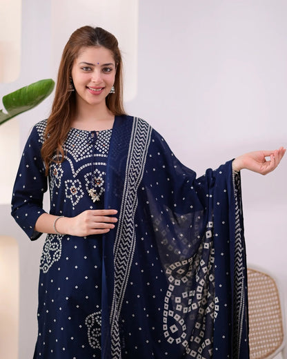 Navy Blue Bandhani Print Kurta Pant Set
