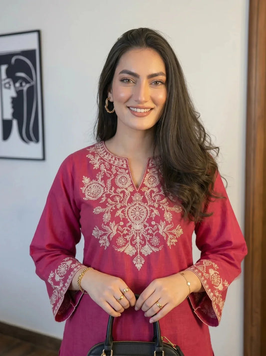 Pink Embroidered Kurta Pant Set for Women