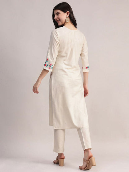Cream Embroidered Cotton Kurta Pant Set