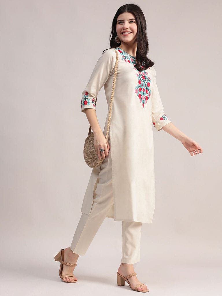 Cream Embroidered Cotton Kurta Pant Set