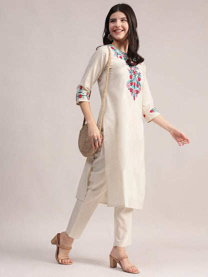 Cream Embroidered Cotton Kurta Pant Set