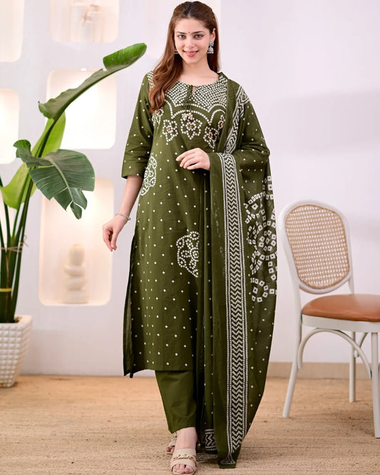 Olive Green Ethnic Kurta Pant Dupatta Set for Women