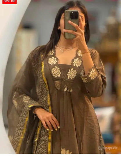 Elegant Brown Ethnic Kurta Pant Suit with Floral Embroidery
