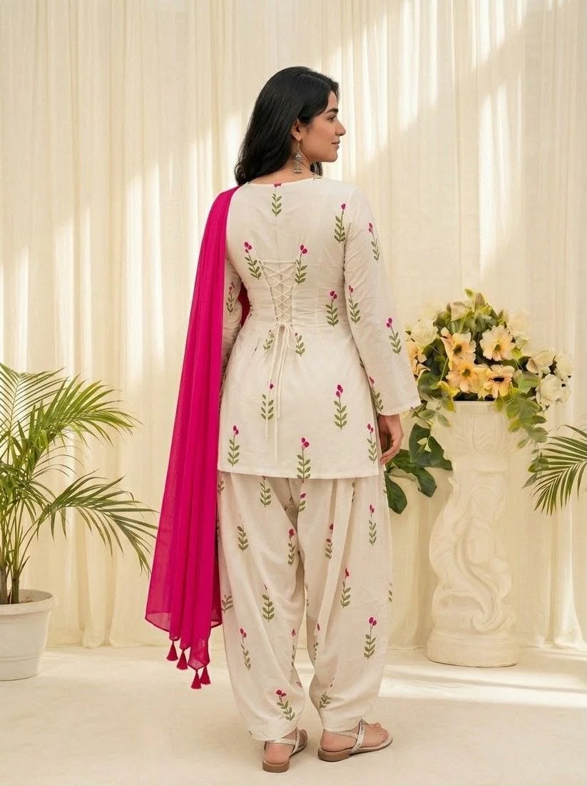 Floral Printed Kurta Patiala Set with Pink Dupatta for Women