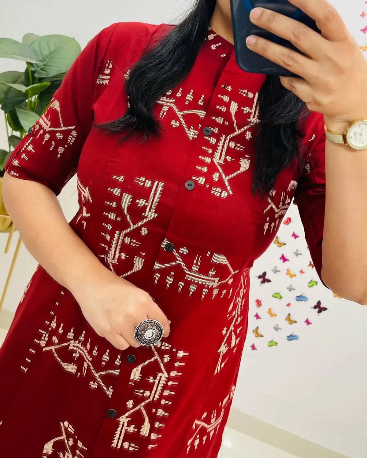 Deep Red Printed Cotton Kurta Pant Set for Women