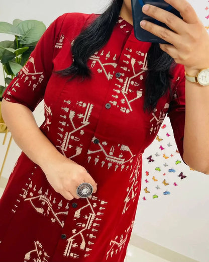 Deep Red Printed Cotton Kurta Pant Set for Women
