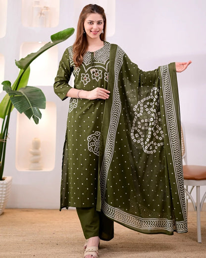 Olive Green Ethnic Kurta Pant Dupatta Set for Women