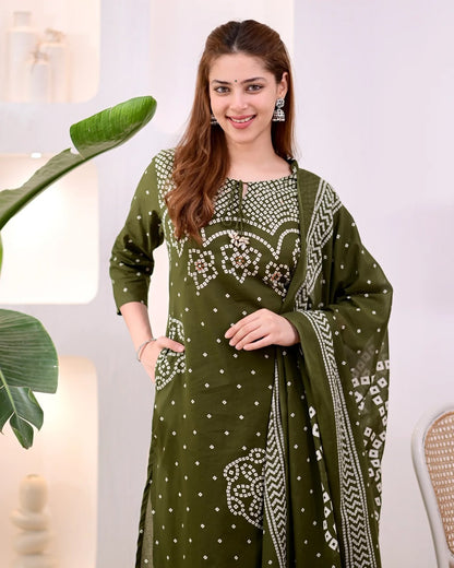 Olive Green Ethnic Kurta Pant Dupatta Set for Women