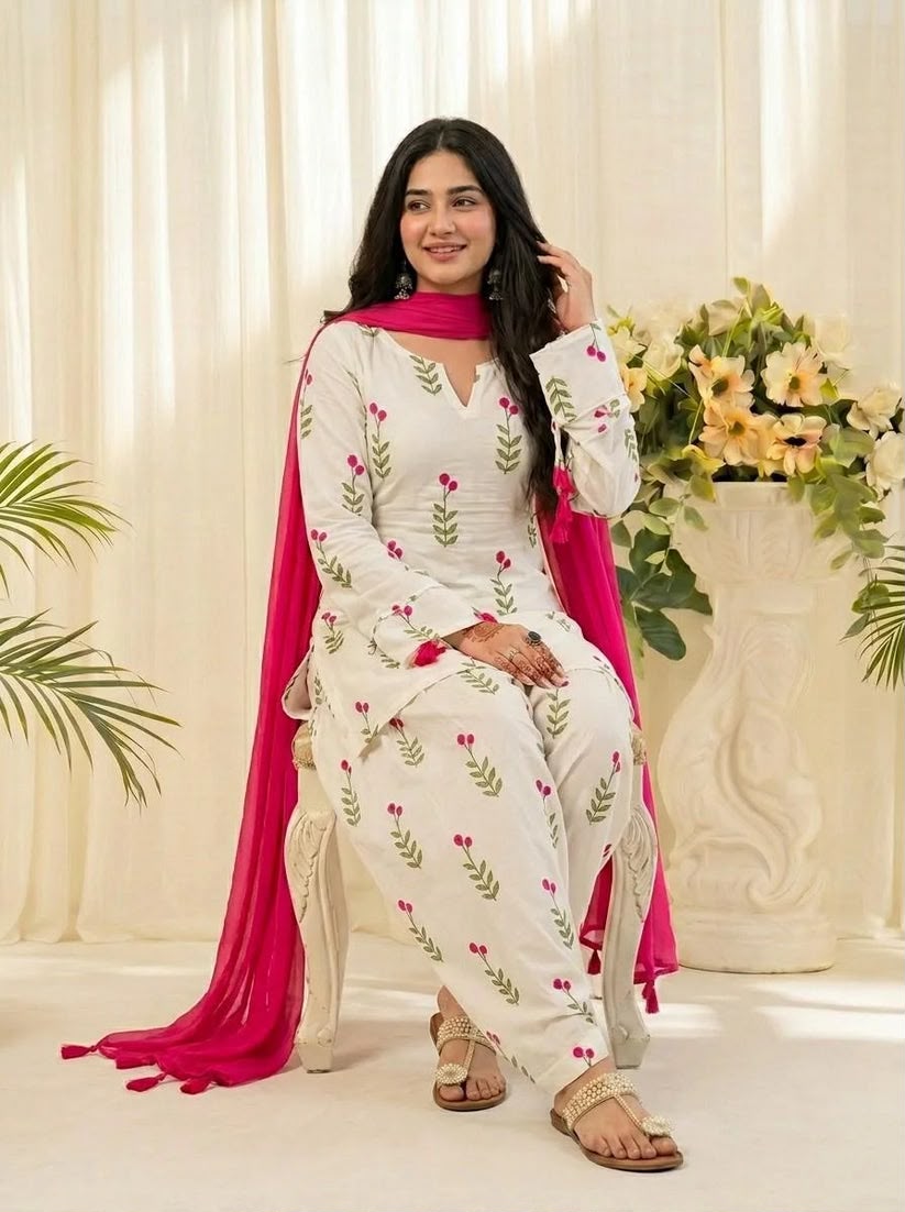 Floral Printed Kurta Patiala Set with Pink Dupatta for Women